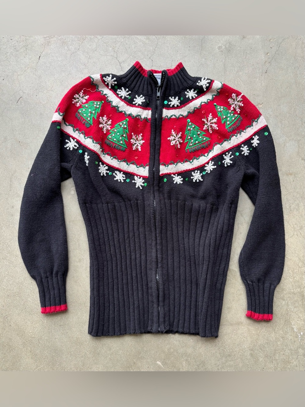 Vintage Tiara International Christmas S Sweater Zip Up Mock Neck Beaded Sequins